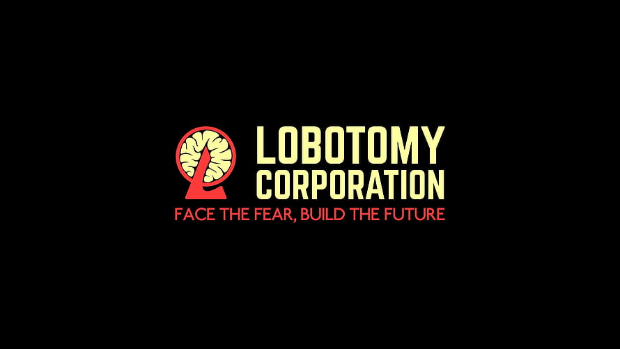 Lobotomy Corporation Logo with Brain Icon and Tagline on Black Background HD wallpaper