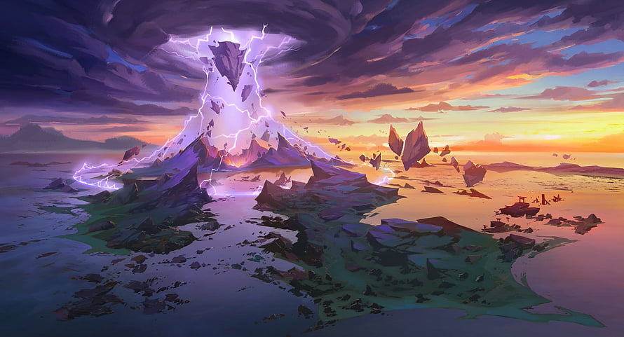 Genshin Impact Inazuma Lightning Storm Over Floating Islands at Sunset HD wallpaper