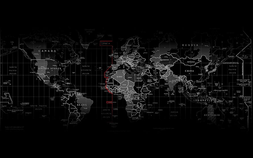 Dark World Map with Time Zone Grid and Red Route Overlay HD wallpaper