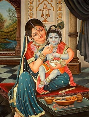 Yashoda Feeding Baby Krishna in Traditional Indian Painting Style HD phone wallpaper