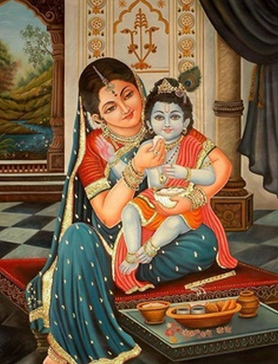 Yashoda Feeding Baby Krishna in Traditional Indian Painting Style HD phone wallpaper