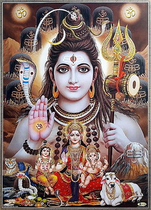Lord Shiva with Parvati, Ganesha, and Murugan in Traditional Indian Deity Painting HD phone wallpaper