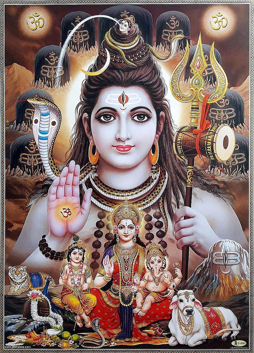 Lord Shiva with Parvati, Ganesha, and Murugan in Traditional Indian Deity Painting HD phone wallpaper