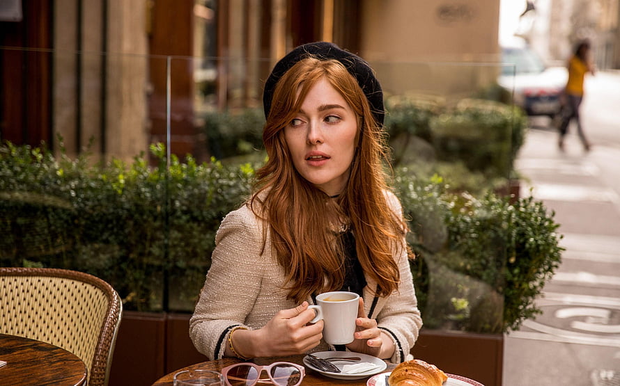 Jia Lissa at a Parisian Cafe with Coffee and Croissant HD wallpaper