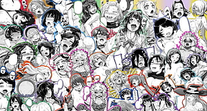 Anime Ahegao Face Collage Wallpaper with Colorful Outlines and Black and White Manga Style HD wallpaper