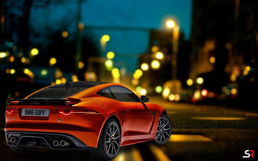 Orange Jaguar F-Type R Coupe Rear View on a City Street at Night with Bokeh Lights HD wallpaper