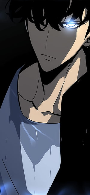 Sung Jin Woo from Solo Leveling with glowing blue eyes in dramatic dark lighting HD phone wallpaper