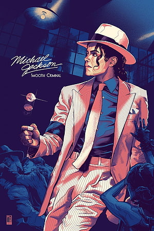 Michael Jackson Smooth Criminal Comic Style Illustration in White Fedora and Pinstripe Suit HD phone wallpaper