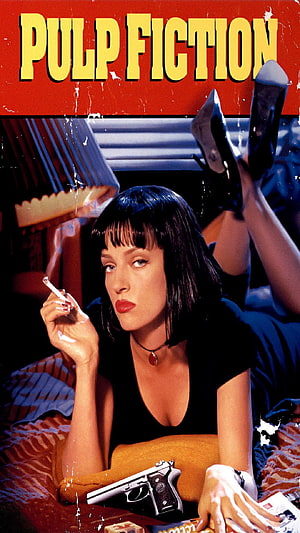 Pulp Fiction Movie Poster Featuring Mia Wallace Lying on Bed with Pistol and Cigarette HD phone wallpaper