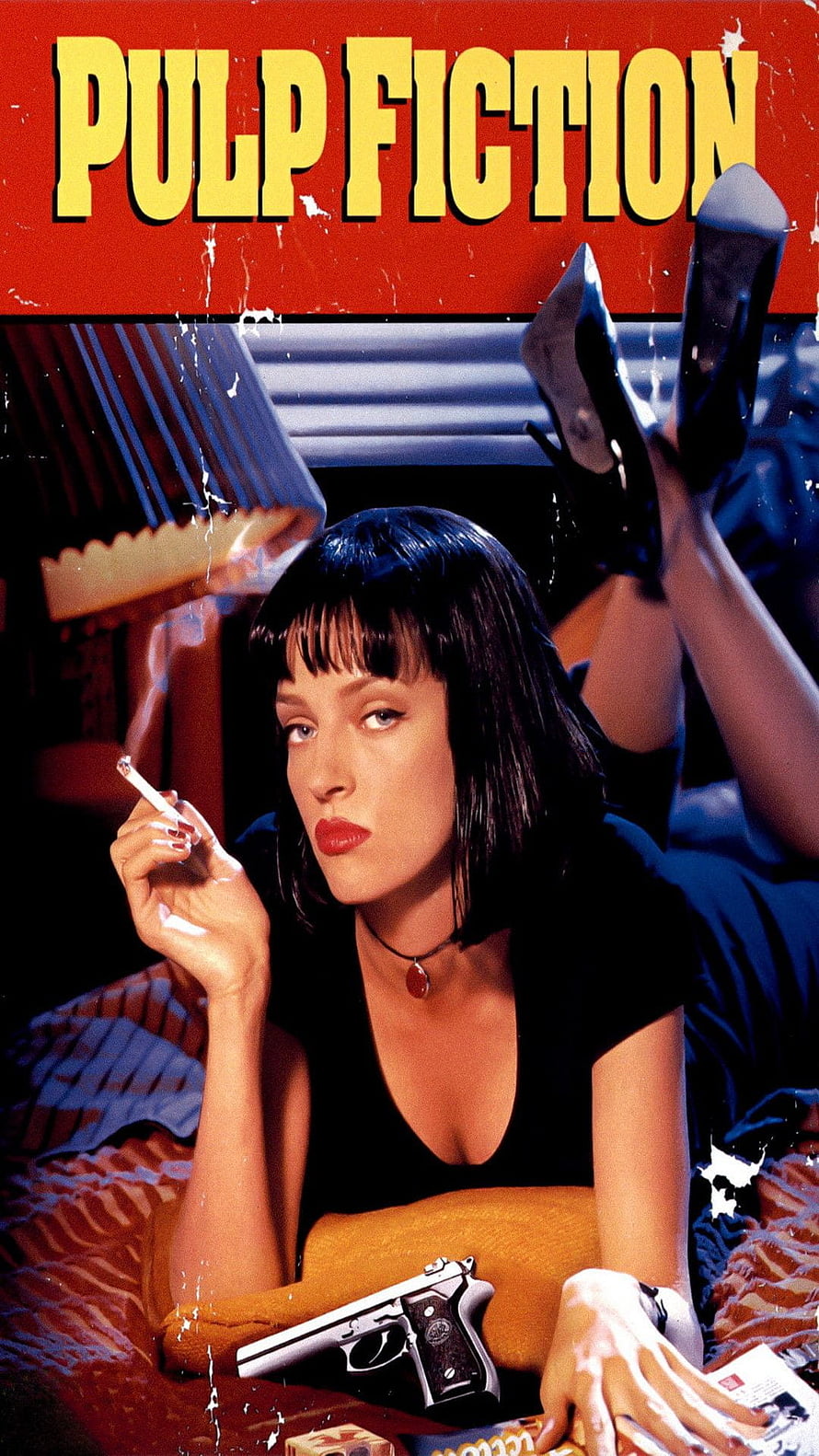 Pulp Fiction Movie Poster Featuring Mia Wallace Lying on Bed with Pistol and Cigarette HD phone wallpaper