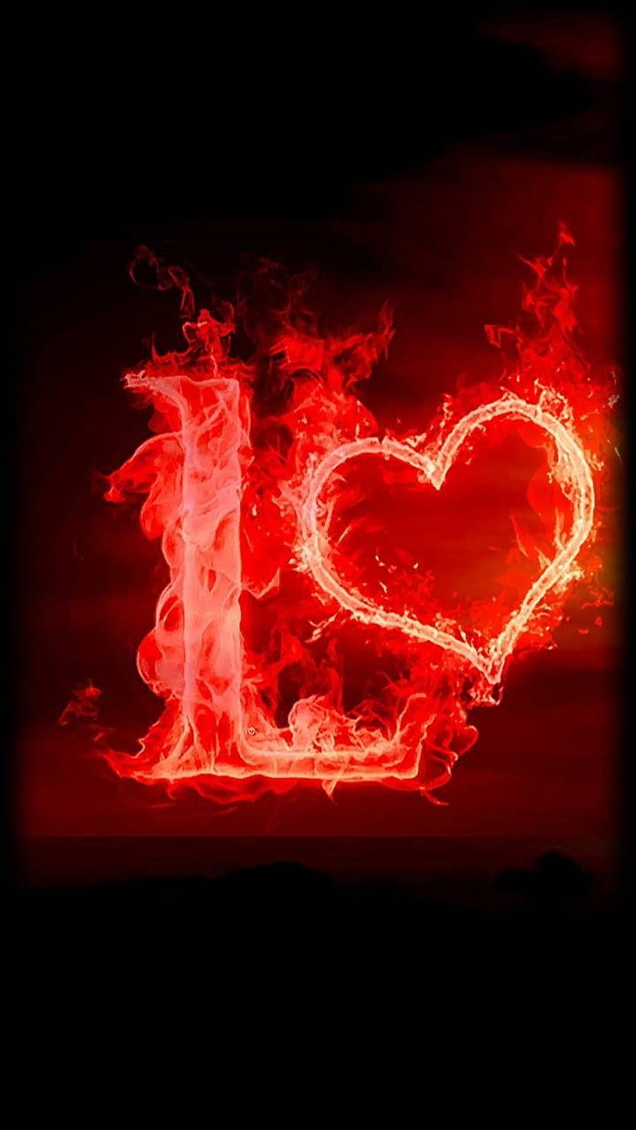 Flaming I Love You Heart and Letter L in Red Fire on Black Background HD phone wallpaper