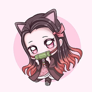 Chibi Nezuko Kamado with Cat Ears and Bamboo Cuff in Kawaii Style HD phone wallpaper