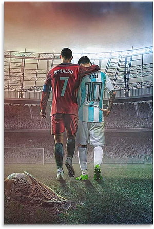 Cristiano Ronaldo and Lionel Messi Walking Together on the Football Pitch HD phone wallpaper