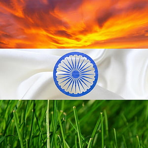 Indian National Flag With Ashoka Chakra Against Sunset Sky And Green Grass HD phone wallpaper
