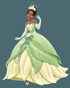 Princess Tiana in Elegant Green Ballgown with Floral Crown and Sparkling Details HD phone wallpaper