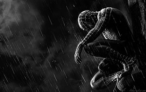 Symbiote Spider-Man Crouching in the Rain, Black and White Cinematic Artwork HD wallpaper