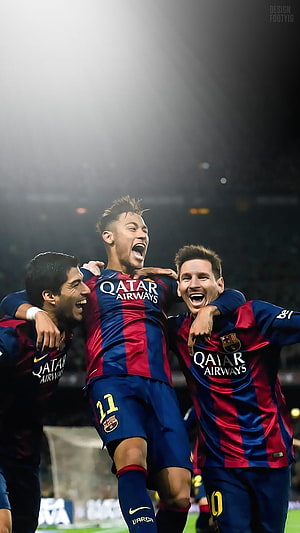 Lionel Messi, Luis Suarez, and Neymar Celebrating Together in FC Barcelona Home Kits HD phone wallpaper