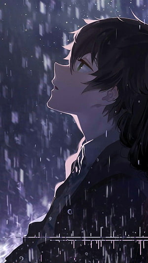 Melancholic Anime Boy Profile in Rainy Night Cityscape HD phone wallpaper