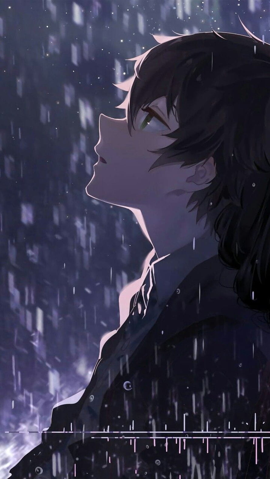 Melancholic Anime Boy Profile in Rainy Night Cityscape HD phone wallpaper