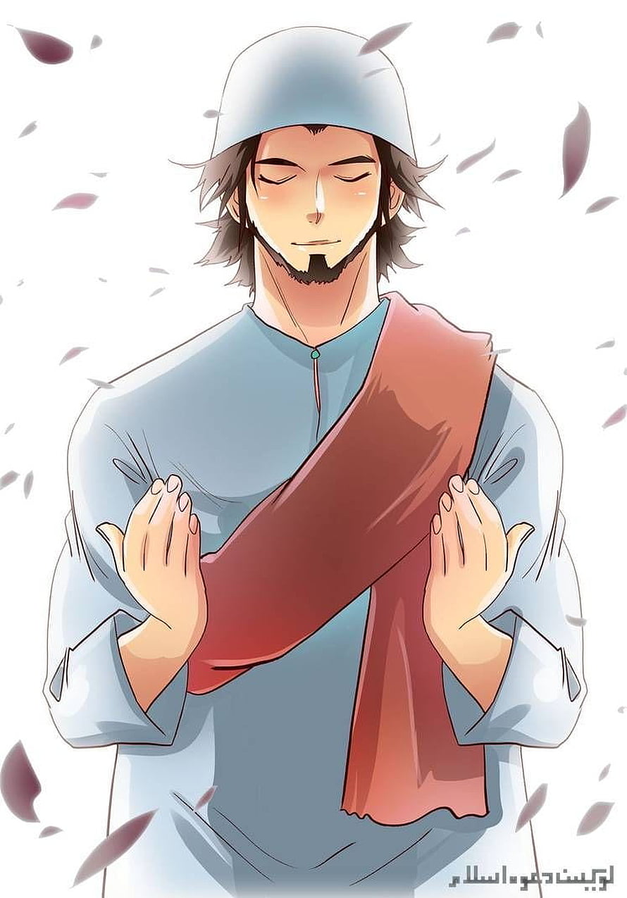Anime Muslim Man in Prayer with Hijab and Red Shawl HD phone wallpaper