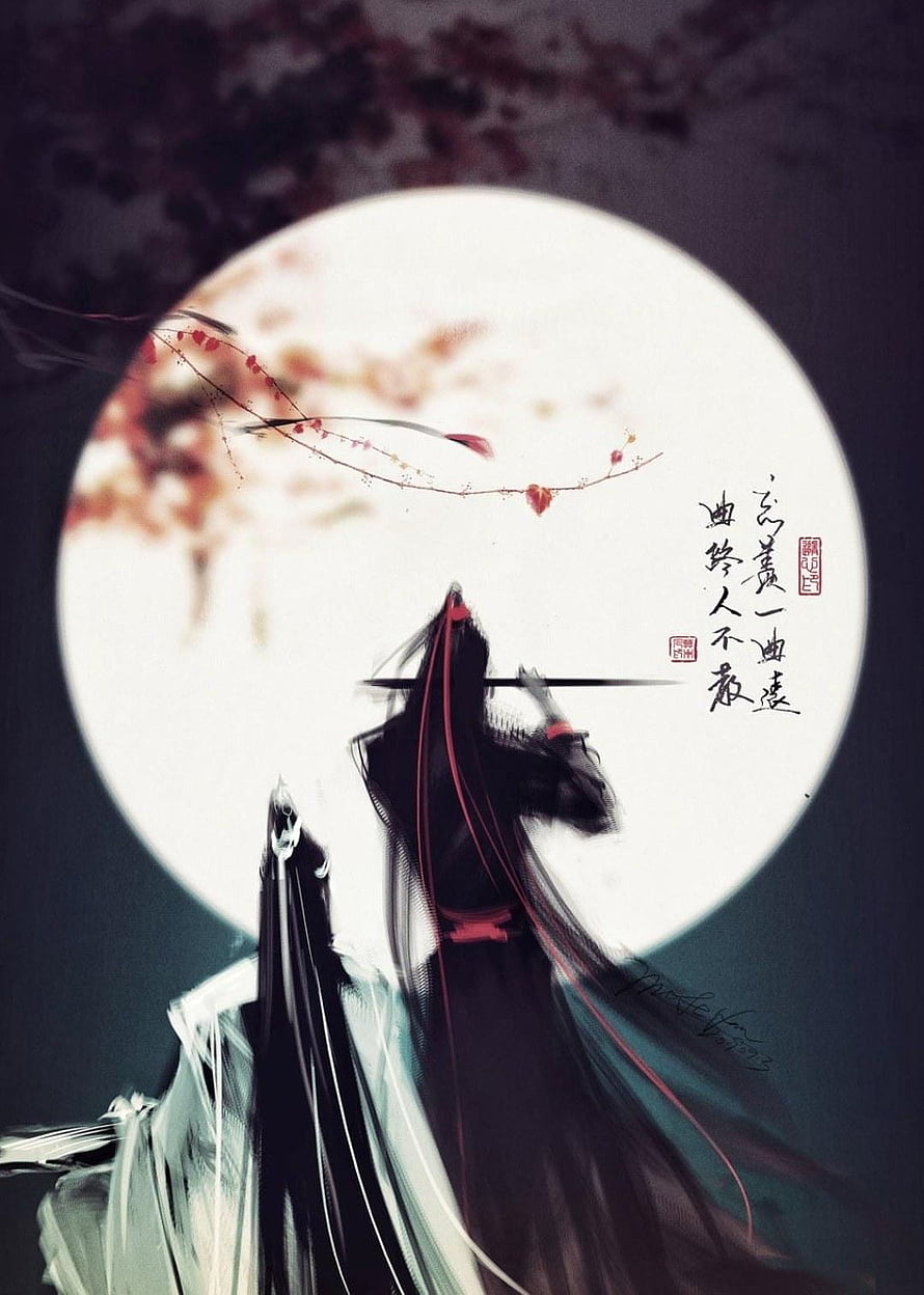 Mo Dao Zu Shi Wuxia Illustration with Moon and Cherry Blossoms HD phone wallpaper