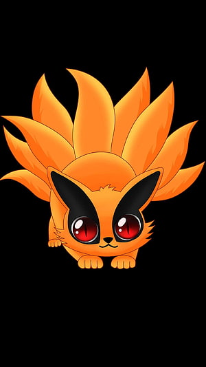 Cute Chibi Baby Kurama Nine-Tailed Fox Illustration on Black Background HD phone wallpaper