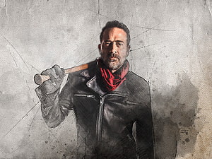 Negan from The Walking Dead in leather jacket holding baseball bat HD wallpaper