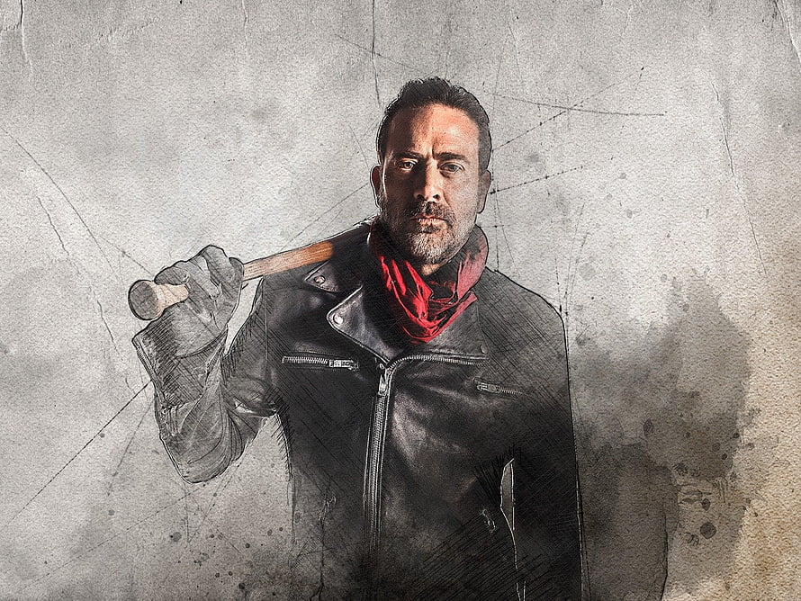 Negan from The Walking Dead in leather jacket holding baseball bat HD wallpaper