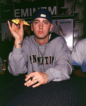 Eminem in Grey Hoodie and Nike Cap at Signing Event HD phone wallpaper