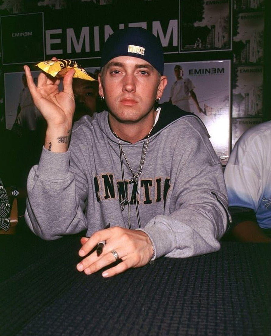 Eminem in Grey Hoodie and Nike Cap at Signing Event HD phone wallpaper