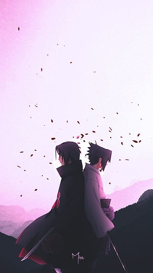 Sasuke and Itachi Uchiha Standing Back to Back in a Purple Hazy Landscape HD phone wallpaper