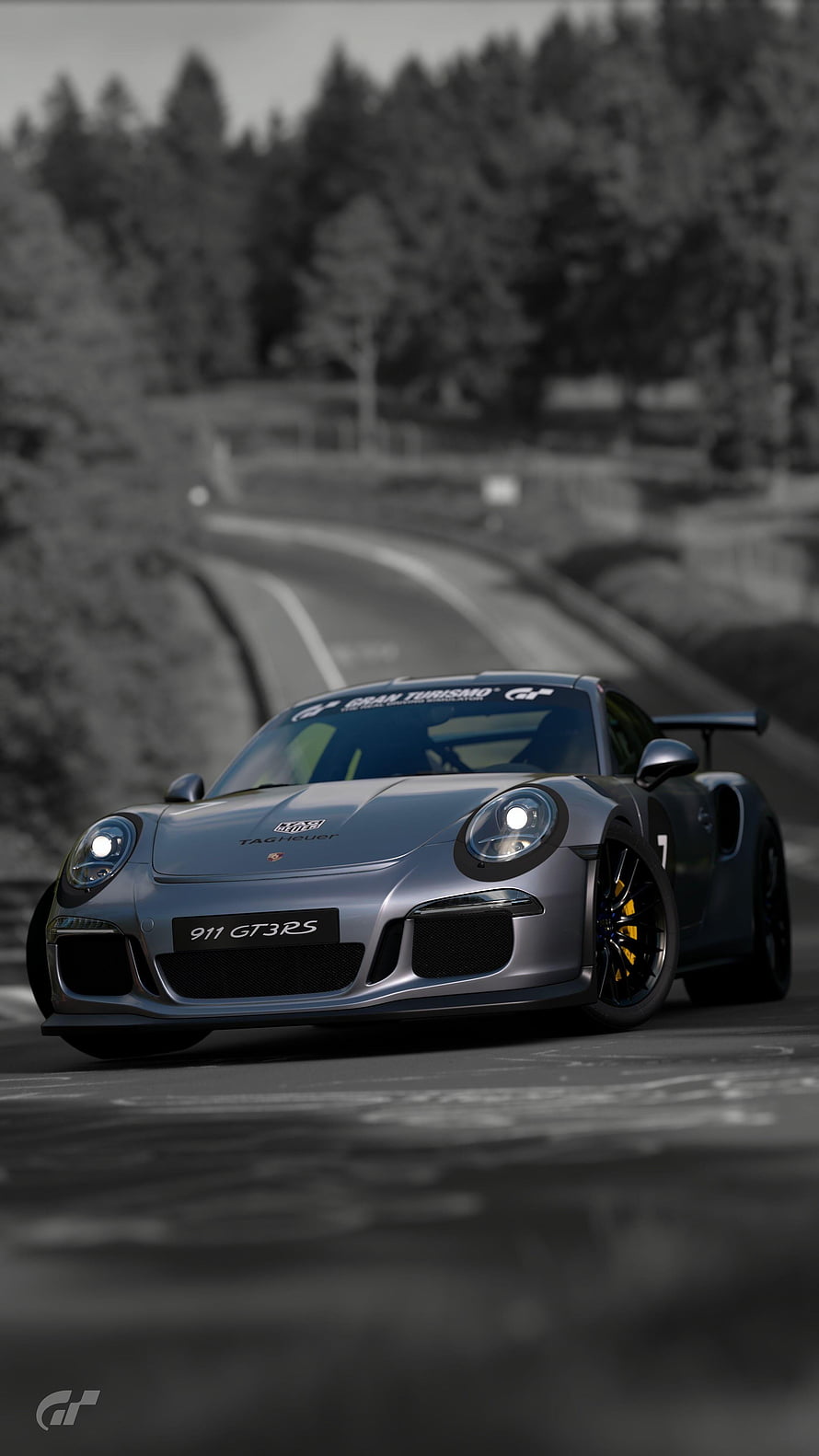 Porsche 911 GT3 RS on a winding forest road in a cinematic monochrome style HD phone wallpaper