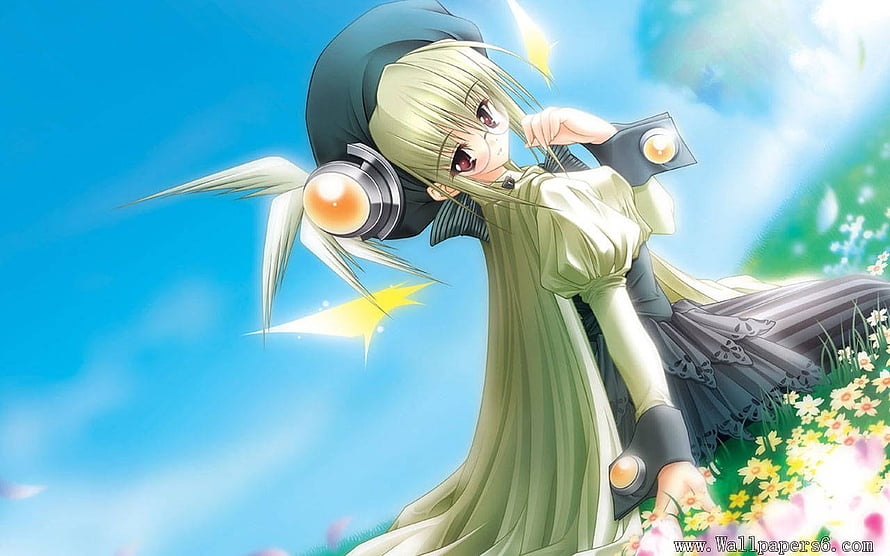 Anime Girl with Headphones in a Flowing Dress Amidst a Flower Field HD wallpaper