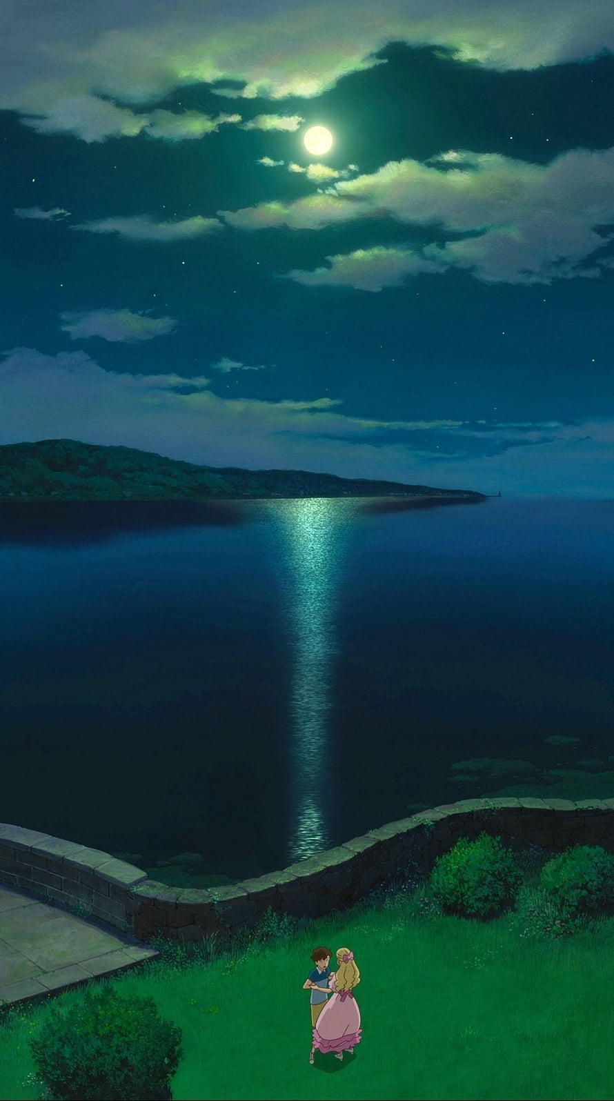 When Marnie Was There: Couple Embracing on a Moonlit Cliffside by the Sea HD phone wallpaper