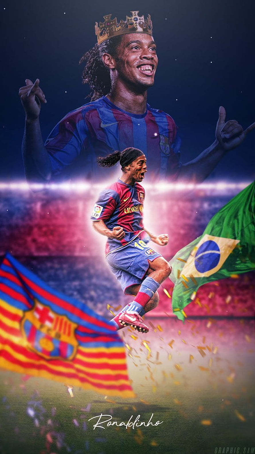 Ronaldinho in Barcelona Kit with Brazilian Flag and Crown Celebration HD phone wallpaper