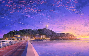 Coastal Japanese Town at Dusk with Meteor Shower and Purple Sky HD wallpaper