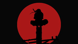 Itachi Uchiha Silhouette Against a Blood Red Moon in Dark Minimalist Style HD wallpaper