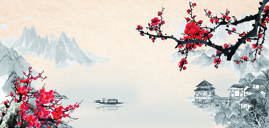 Traditional Chinese Ink Painting with Red Plum Blossoms and Misty Mountains HD wallpaper