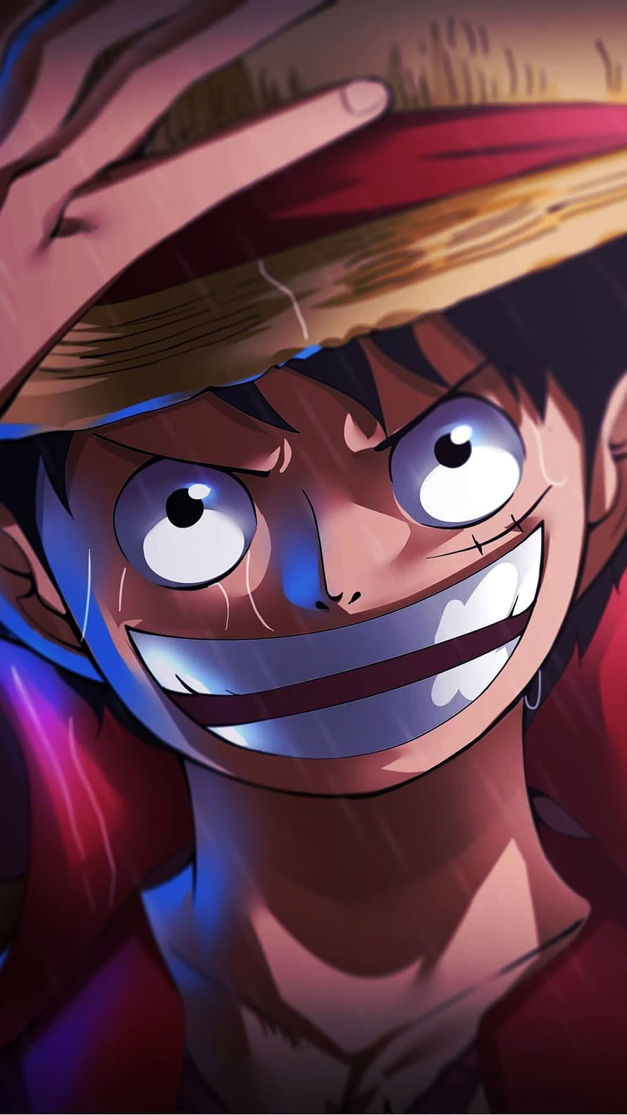 Monkey D. Luffy Intense Close-Up Portrait in Dramatic Blue and Red Lighting HD phone wallpaper