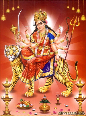 Maa Vaishno Devi Riding Tiger with Trident and Sword in Traditional Indian Art HD phone wallpaper