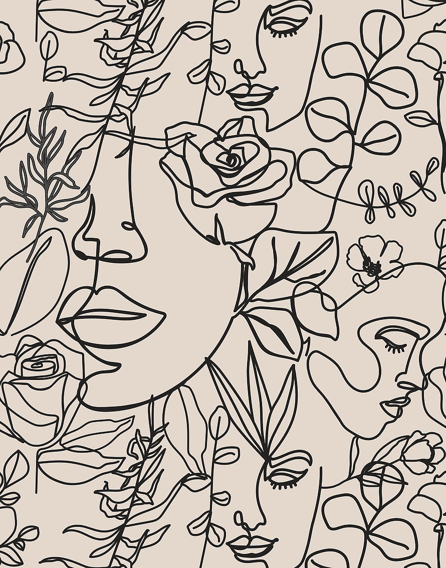 Minimalist continuous line art of a woman's face intertwined with blooming roses and botanical leaves HD phone wallpaper