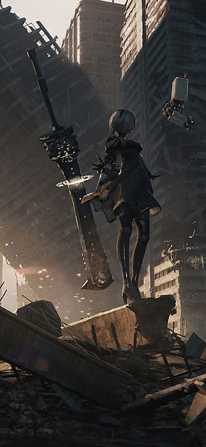 NieR Automata 2B Standing on Ruined Cityscape with Large Sword and Floating Drone HD phone wallpaper