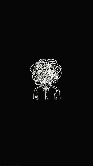 Minimalist Line Art of a Figure with a Tangled Scribble Head on a Black Background HD phone wallpaper