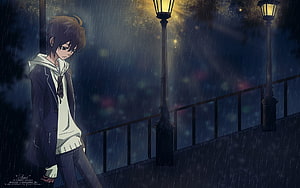 Melancholic Anime Boy Standing on Rainy Bridge at Night Under Street Lamps HD wallpaper