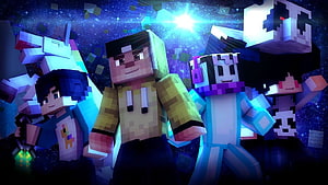 Four Minecraft Characters in a Cosmic Starfield with Glowing Blue Light HD wallpaper