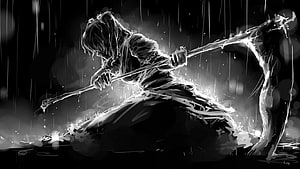 Monochrome Anime Warrior Drawing a Bow in Heavy Rain HD wallpaper