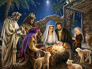 Nativity Scene with Three Wise Men Offering Gifts to Baby Jesus in a Manger HD wallpaper