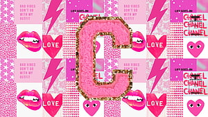 Pink Preppy Aesthetic Collage With Glittery Letter C, Hearts, Lips, and Lightning Bolts HD wallpaper