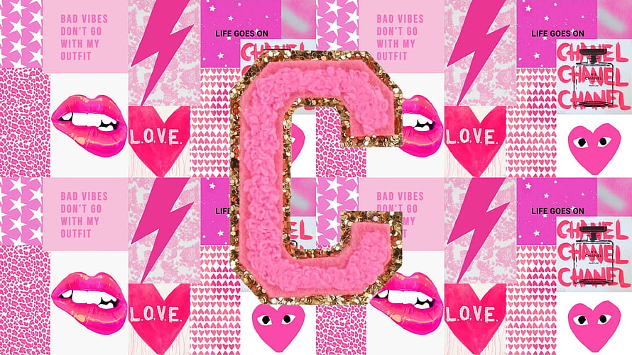 Pink Preppy Aesthetic Collage With Glittery Letter C, Hearts, Lips, and Lightning Bolts HD wallpaper