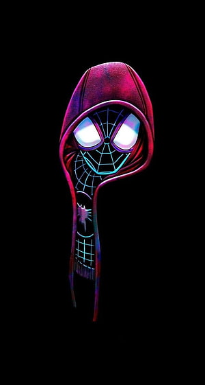 Miles Morales Spider-Man Hooded Portrait with Neon Web Pattern on Black Background, Spider man Miles Morales Into the Spider Verse Ultimate, amoled miles morales HD phone wallpaper